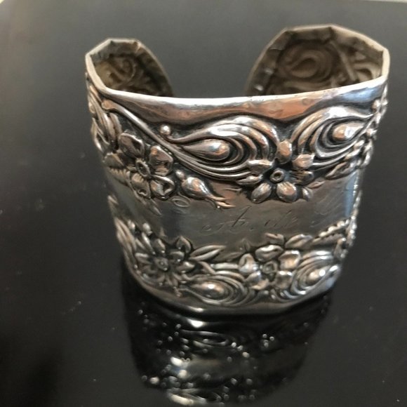 Floral Sterling Silver 925 Cuff Bracelet Antique Art Nouveau Spoon Ring Flowers - Picture 4 of 8